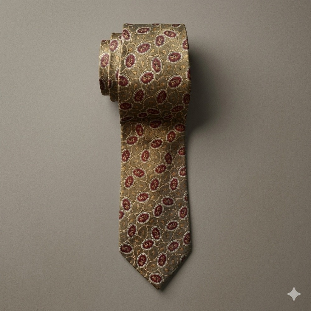 Burberrys of London Mens Silk Tie Gold‎ Burgundy Medallion Geometric Vintage USA